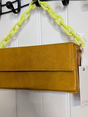 Mustard Yellow Small Front Flap Neon Yellow Chain Handle Shoulder Bag Purse